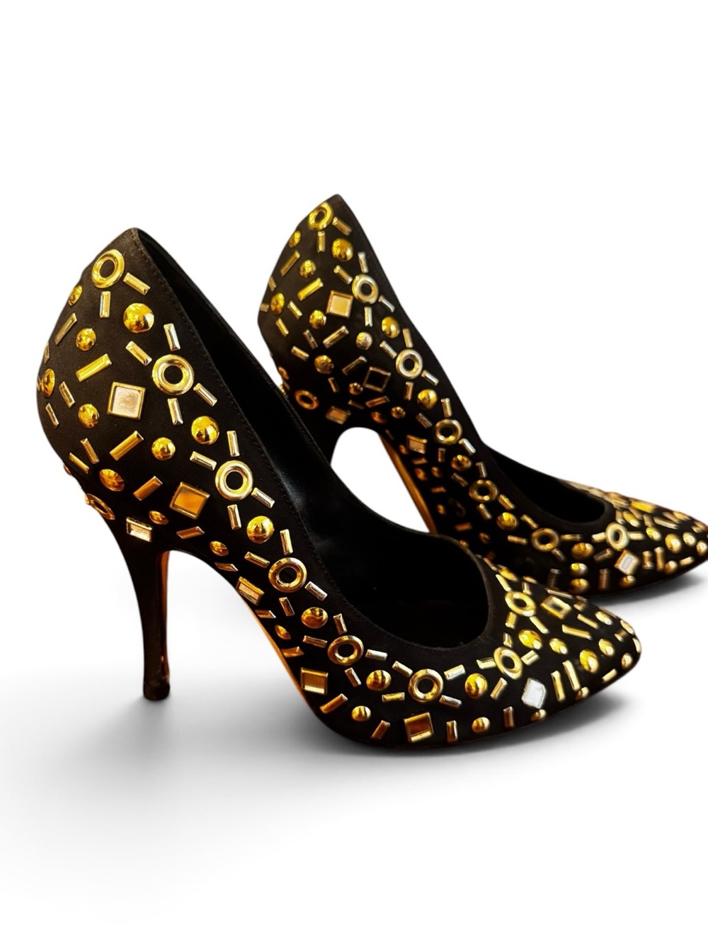 MOSCHINO Black Satin Heels with Golden Stones EU 37